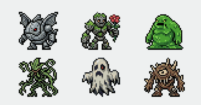 A set of six pixel art game sprites showing various monsters including a mechanical creature, a golem with a rose, a green slime, a vine monster, a ghost, and a tree-like beast.