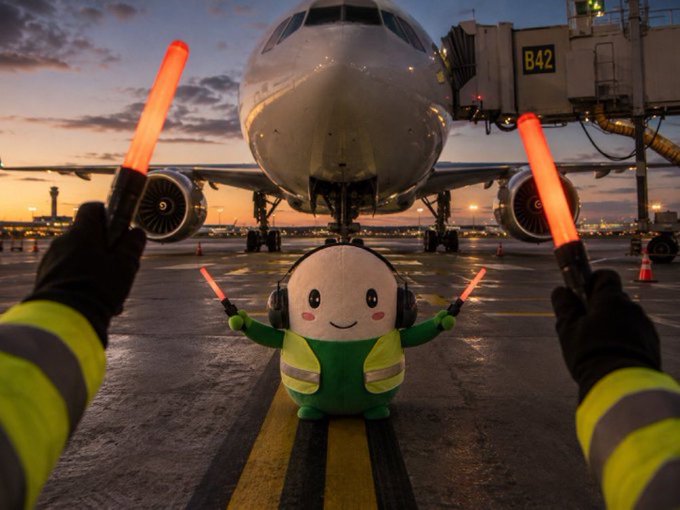 A whimsical image of a small mascot character wearing a green safety vest and headphones, holding orange marshalling wands, directing an airplane on a runway at sunset.
