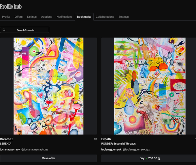 The image shows two paintings displayed side by side, both of which are colorful and vibrant. The paintings have a variety of shapes and colors that make them visually appealing. One painting is located at the top left corner of the screen, while the other one is situated in the bottom right corner. Both paintings seem to be part of an online art gallery or marketplace where people can buy and sell artwork.