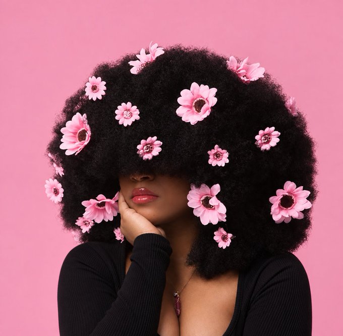 A studio portrait of a woman with a large afro adorned with pink flowers, set against a solid pink background.
