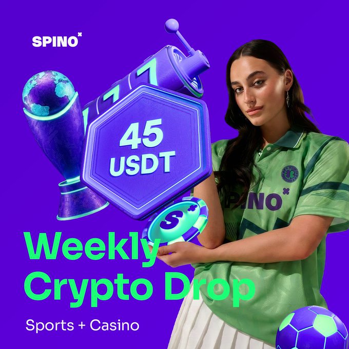 A young woman wearing a green SPINO jersey poses with arms crossed against a purple background alongside a trophy and soccer ball graphic displaying "45 USDT," with bold text reading "Weekly Crypto Drop - Sports + Casino," promoting Spino's three-week challenge where players can earn up to 45 USDT in crypto rewards for wagering on both World Cup sports bets and casino games.