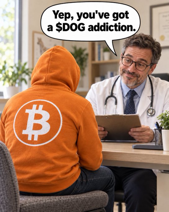 A doctor tells a patient wearing an orange Bitcoin hoodie, 'Yep, you've got a $DOG addiction,' in a clinical office setting.