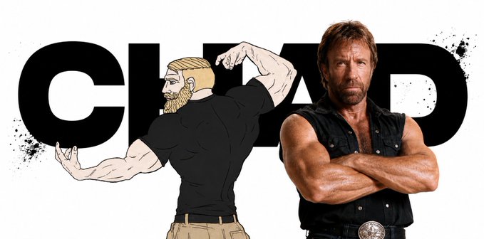 A promotional graphic featuring the word 'CHAD' in bold black letters, alongside an illustration of a muscular blonde man and a photo of actor Chuck Norris flexing his arms.