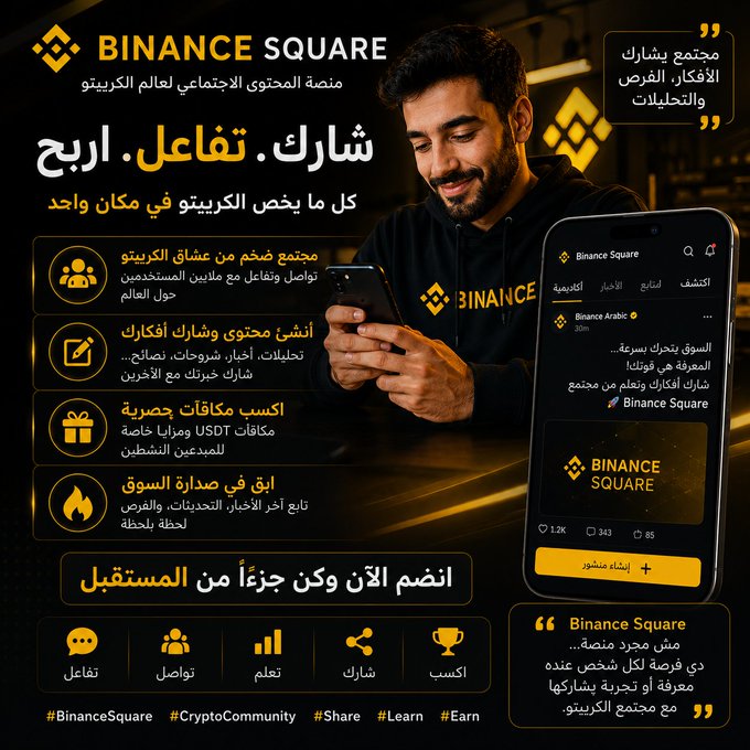 This Binance Square promotional infographic features a man using a smartphone alongside the app's interface, highlighting key features in Arabic including a community of crypto enthusiasts, content sharing and interaction, gift rewards with a special private gift for newcomers, and following hot market trends in real-time. The tagline reads "Share. Engage. Earn — All crypto in one place," with a call to join now and hashtags #BinanceSquare, #CryptoCommunity, #Share, #Learn, and #Earn, directly illustrating the author's post about discovering Binance Square as much more than just a news source.