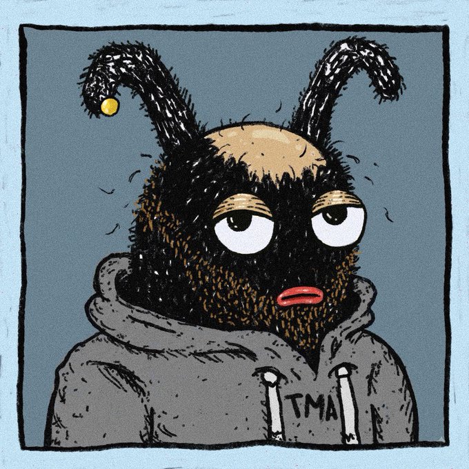 An illustrated portrait of a hairy character with drooping antennae, one tipped with a yellow ball, wearing a gray hoodie labeled 'TMA' against a blue background.
