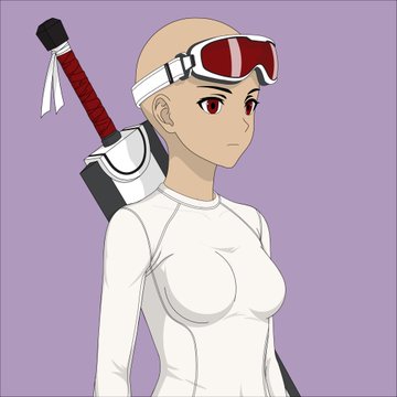 An anime-style illustration depicts a bald female character with red eyes wearing a white outfit and red/white goggles, carrying a sword on her back, representing the hand-drawn art style of the ParallelUniX NFT collection. The artwork aligns with the post's description of hand-drawn anime characters featured in the Parallel Universe X collection launching on Ethereum.