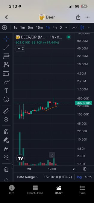 A mobile screenshot of a crypto trading chart displaying the ticker 'BEER/GP' with a current price of 302.010K, showing a 1-hour candlestick chart with green and red bars.