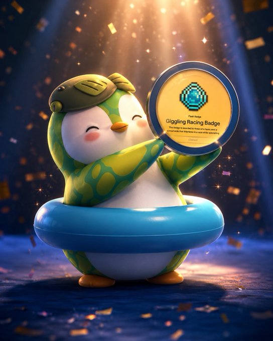 A 3D-rendered cartoon penguin mascot in a green racing helmet and floatie holding a 'Giggling Racing Badge' coin with confetti falling around.