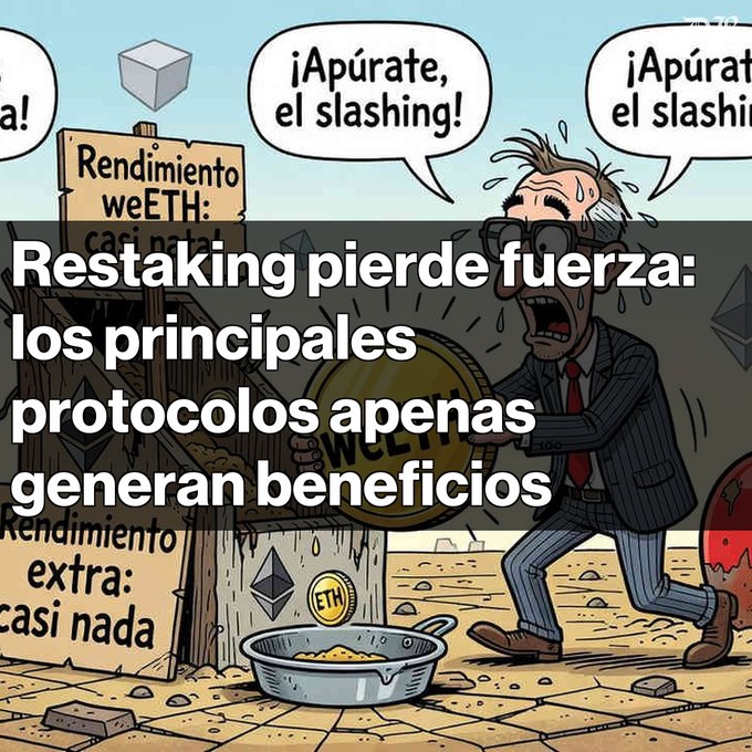 A cartoon illustration of a sweating businessman in a suit holding a 'weETH' coin, with Spanish speech bubbles saying '¡Apúrate, el slashing!' and signs reading 'Rendimiento weETH: casi nada' and 'Rendimiento extra: casi nada'. The overlay text states: 'Restaking pierde fuerza: los principales protocolos apenas generan beneficios'.