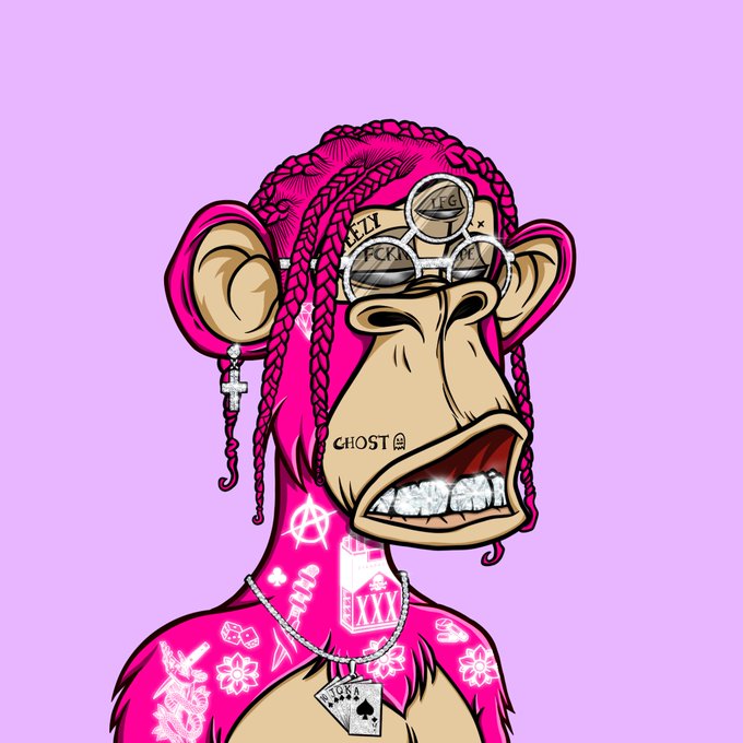 A cartoon-style NFT illustration of a pink monkey with braided hair, diamond grills, an anarchy symbol tattoo, and grillz with 'F*CK' text on a purple background.