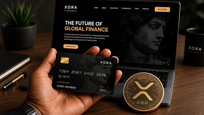 A hand holds a black XORA Finance/Olympus card displaying the number 7364 2587 5412 3698 in front of a laptop showing the "XORA Finance – The Future of Global Finance" website, with a physical XRP coin resting beside it—visually representing the post's message of putting XRP holdings to work for passive, on-chain yield with no lockups.