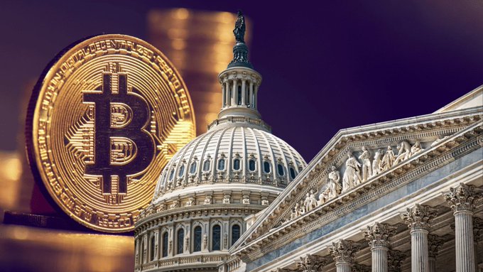 A glowing golden Bitcoin coin is superimposed in front of the U.S. Capitol dome, symbolizing the intersection of cryptocurrency and federal regulation. The image visually anchors the post's announcement of a high-profile meeting on August 19 between crypto industry leaders—Coinbase, Ripple, a16z, Chainlink, Kalshi, and Paradigm—alongside the SEC, CFTC, and Donald Trump to discuss the sector's future rules.