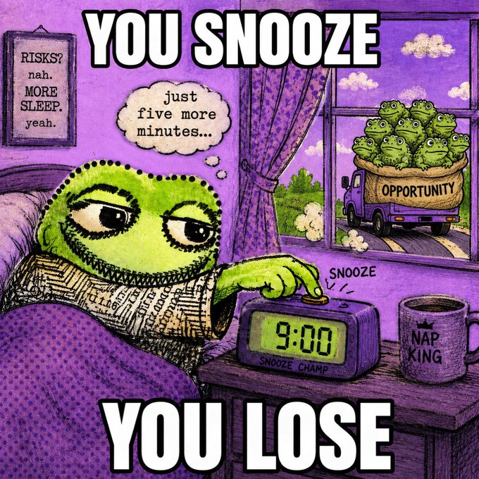 A meme-style illustration of a green character sleeping in bed pressing snooze on a 9:00 alarm labeled 'SNOOZE CHAMP,' with a truck full of frogs labeled 'OPPORTUNITY' driving past the window, captioned 'YOU SNOOZE YOU LOSE.'