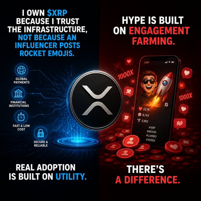 A promotional graphic about XRP contrasting 'Real adoption is built on utility' with 'Hype is built on engagement farming,' featuring the XRP logo and an illustration of an influencer posting rocket emojis.