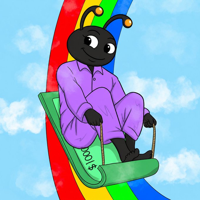 A cartoon illustration of a black ant character in purple pajamas sitting on a dollar bill, sliding down a rainbow.