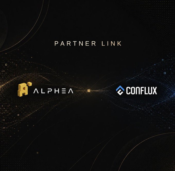 The image features a black background with two logos, one for Alpha and another for Conflux. The text "partner link" is written above both logos, indicating that they are collaborating or connecting through their partnership. The logos represent different companies within the tech industry, showcasing their respective expertise in AI and machine learning.