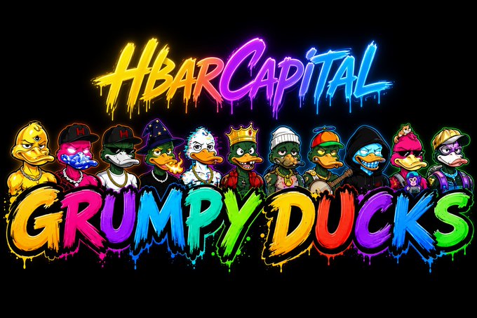 A colorful graffiti-style logo for 'HBARCapital' above a row of cartoon duck characters, with the text 'GRUMPY DUCKS' displayed in vibrant, dripping paint letters.