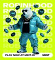 A yeti mascot wearing a gold chain and blue jacket appears against a bright yellow "ROBINHOOD" background filled with rising green arrows, visually announcing $MNTD's upcoming listing on the platform.