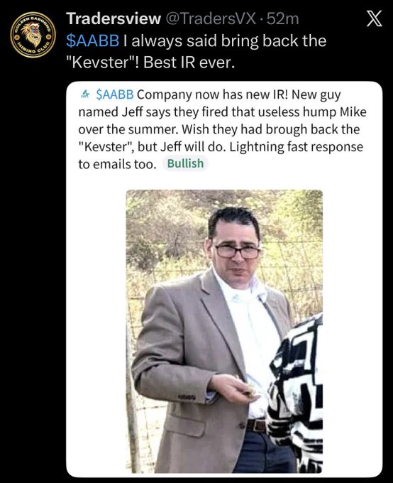 A Twitter/X post by Tradersview (@TradersVX) about $AABB mentions bringing back the 'Kevster' as the best investor relations, accompanied by a photo of a man in a tan suit jacket.