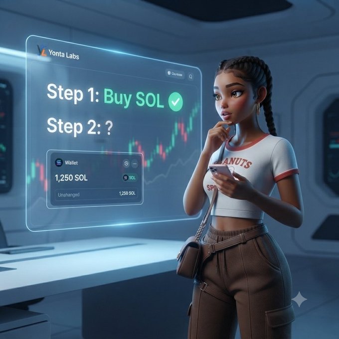 The image shows a stylized 3D animated young woman with braided hair looking thoughtfully at her phone in a futuristic room, with a holographic display beside her reading "Yonta Labs," "Step 1: Buy SOL ✓," "Step 2: ?" and showing a wallet balance of "1,250 SOL."

The caption illustrates the post's theme of impulsive crypto FOMO: she followed Step 1 by buying Solana, but is now stuck contemplating the empty "Step 2: ?"—mirroring the endless cycle of buying, holding, and anxiously refreshing the wallet without a clear plan for what comes next.