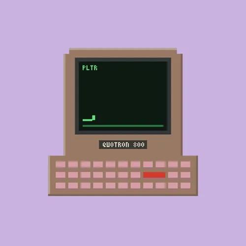 Pixel art illustration of a beige retro computer labeled "QUOTRON :00" with green text reading "PLTR" displayed on its dark green screen.
