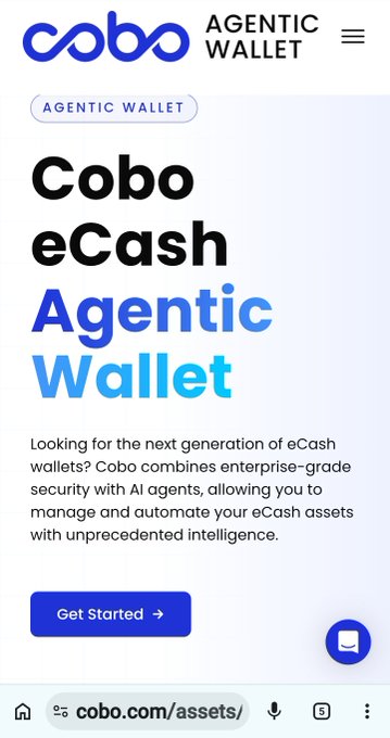 A mobile webpage screenshot promotes the "Cobo eCash Agentic Wallet" on cobo.com/assets/, highlighting enterprise-grade security combined with AI agents.