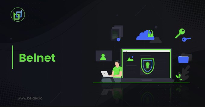 Promotional banner for 'Belnet' with website 'www.beldex.io', featuring green-themed illustrations of a person working on a laptop alongside security icons including a shield, padlock, and keys.