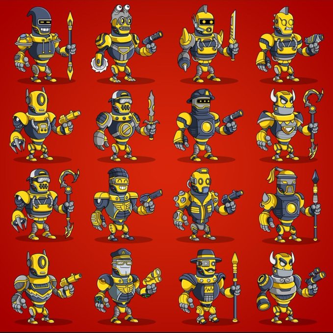 A graphic design displays a 4x4 grid of sixteen cartoon-style yellow and grey robots, each wielding various weapons like swords, spears, and guns, against a solid red background.