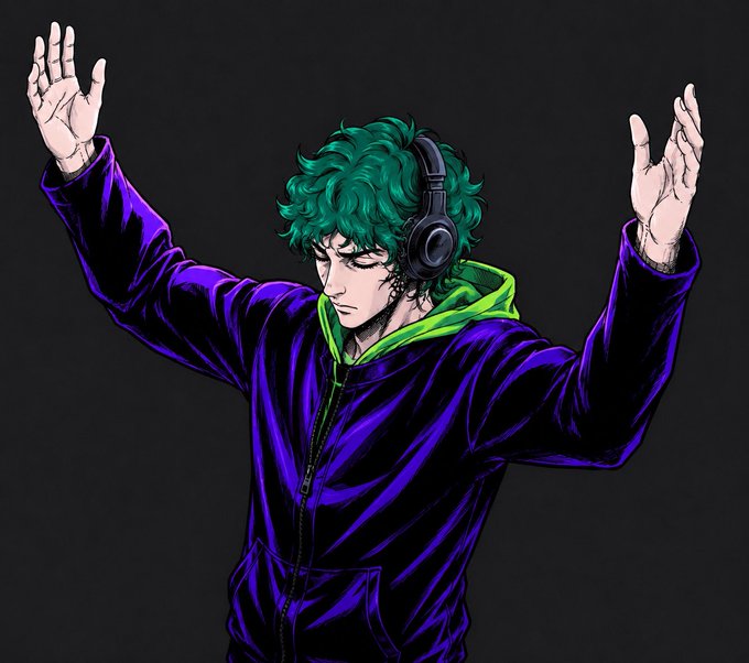 An anime-style illustration of a person with curly green hair wearing headphones and a purple jacket with green lining, arms raised.