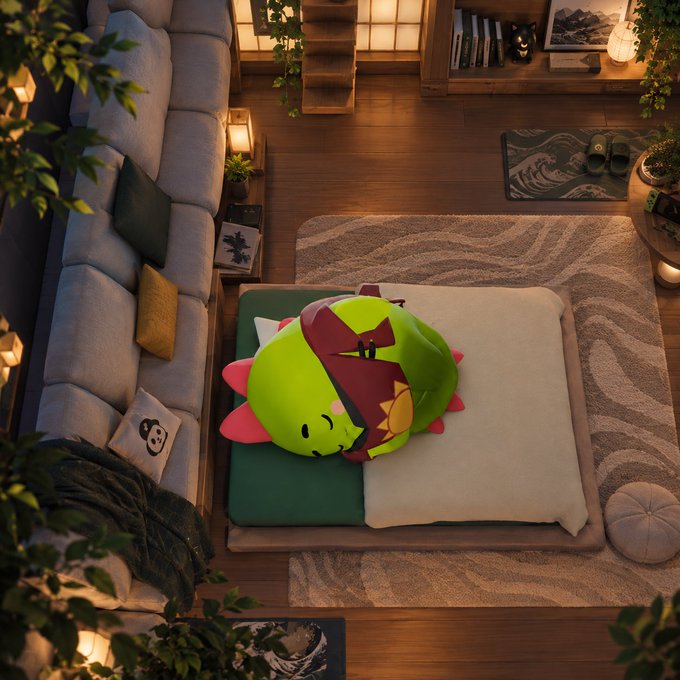 A cozy overhead view of a living room with a couch, plants, and a large green dragon plush toy sleeping on a futon laid out on a rug.