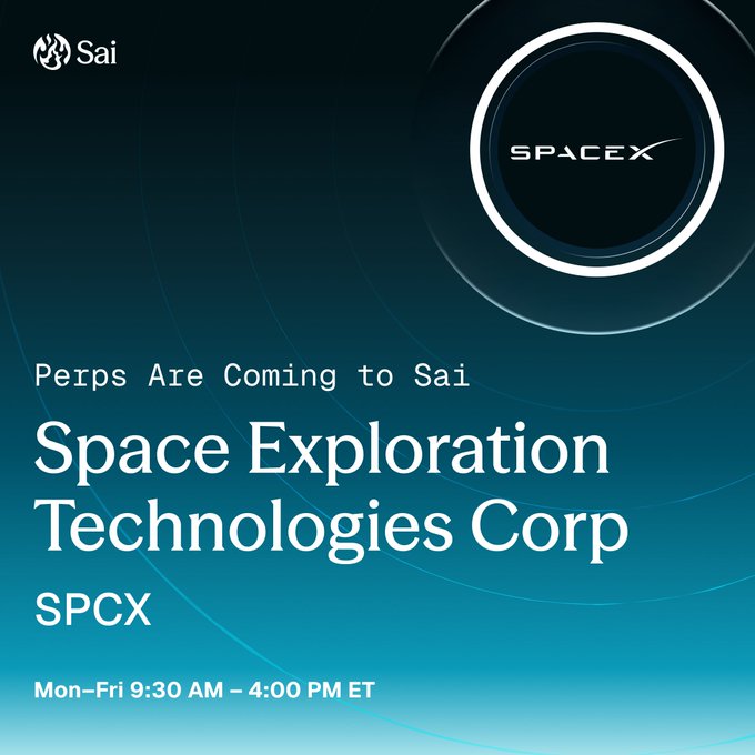 Sai promotional graphic announcing 'Perps Are Coming to Sai' for Space Exploration Technologies Corp (ticker SPCX), with trading hours listed as Mon-Fri 9:30 AM – 4:00 PM ET, featuring the SpaceX logo.