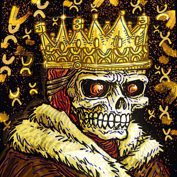 A stylized digital illustration of a crowned skeletal figure with glowing orange eyes wearing a fur-collared robe, set against a dark background with gold runic symbols.
