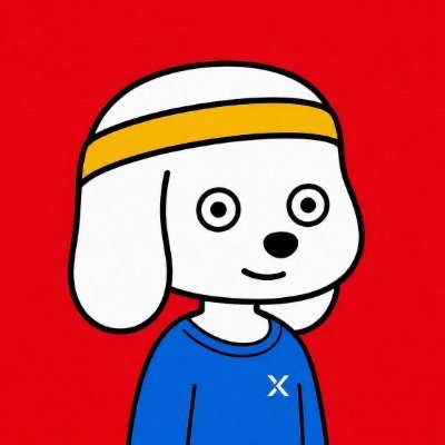 A cartoon mascot features a white dog-like character wearing a blue shirt with an 'X' logo and a yellow and white headband, set against a red background.