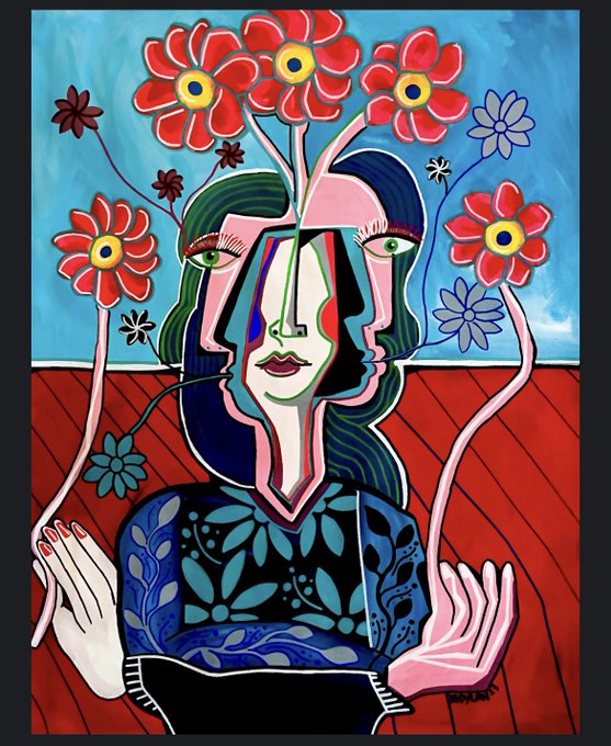 A vibrant Cubist-style painting depicts a fragmented female face with multiple eyes and views, surrounded by large red flowers and rising stems against a blue sky and red floor.