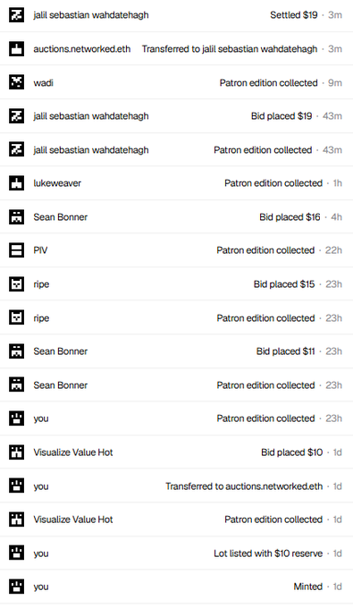 The image displays a transaction log featuring a "Settled $19" entry by `jalil sebastian wahdatehagh` and various "Patron edition collected" and bid placements by users such as `Sean Bonner` and `Visualize Value Hot`, illustrating the activity surrounding the sale of a unique NFT.