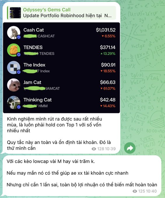 A Telegram-style message from 'Odyssey's Gems Call' displaying a meme coin portfolio including Cash Cat ($1,031.52), TENDIES ($371.14), The Index ($90.91), Jam Cat ($66.63), and Thinking Cat ($42.48) with Vietnamese text commentary.