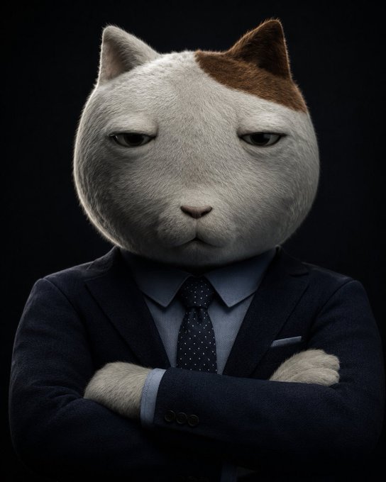 A digital illustration of a serious-looking anthropomorphic white and brown cat wearing a dark suit, blue shirt, and dotted tie with arms crossed against a dark background.