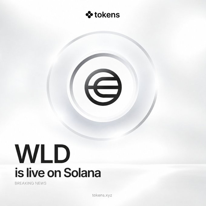 A promotional image with the tokens.xyz logo at top, featuring a circular emblem and the text 'WLD is live on Solana' labeled as 'BREAKING NEWS'.