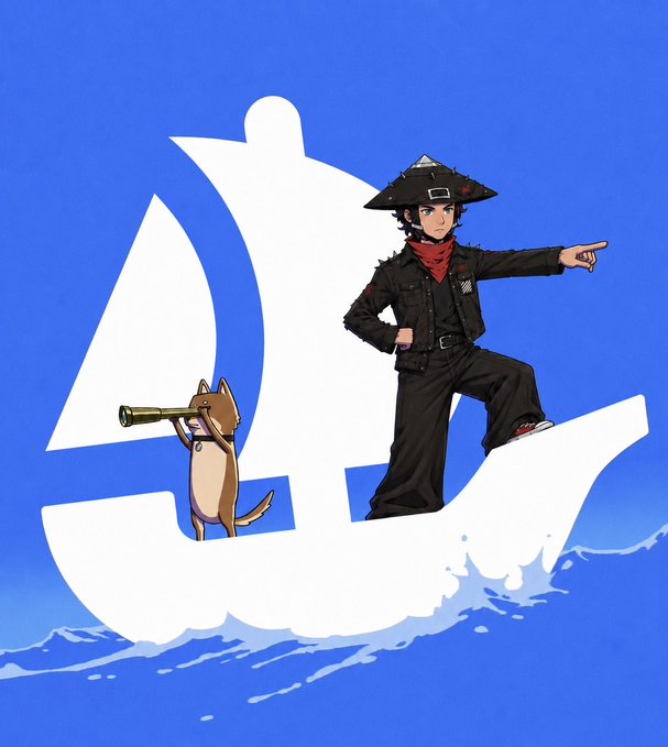 A cartoon cowboy stands confidently on a sailboat alongside a dog holding a telescope, set against a blue background with a white sail, illustrating the adventurous "navigating the NFT seas" theme of compiling important NFT projects like CashmereLabs, ChogNFT, rektguy, ArchanNair, boldpfps, biwlsxyz, OriginalBlokyz, and LilverseHQ into a single curated list.