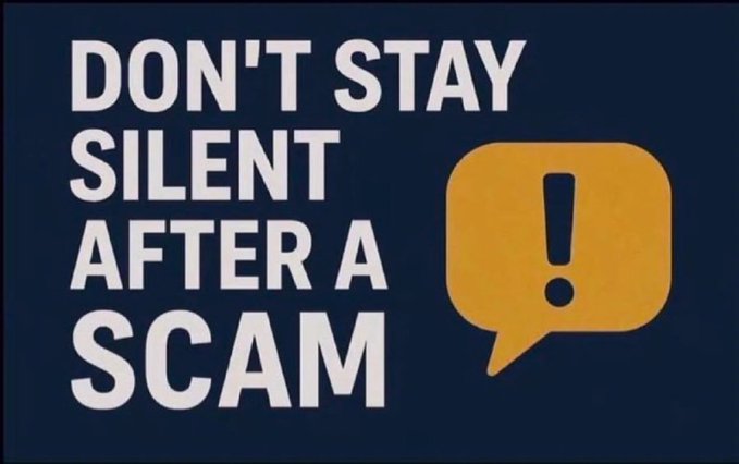 A dark navy graphic with bold white text reading "DON'T STAY SILENT AFTER A SCAM" next to an orange speech bubble containing a white exclamation mark.