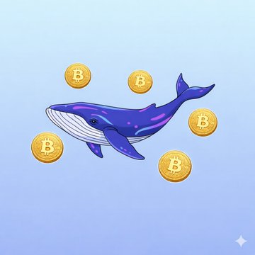 An illustrated blue whale floats among gold Bitcoin (₿) coins against a soft blue background, symbolizing the large "whale" wallets mentioned in the post, which are collectively holding 1,364 BTC ($86.2M) in long positions with closely stacked liquidation prices of $61,079.4 and $61,096.7.