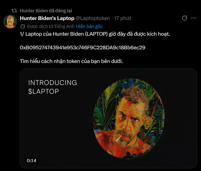 A retweet by Hunter Biden of a post from @Laptoptoken in Vietnamese announcing the activation of $LAPTOP, featuring a stylized portrait image with 'INTRODUCING $LAPTOP' text.