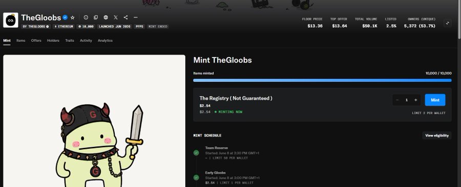 The image shows a screenshot of a website, possibly a social media platform or an online marketplace for digital art. The main focus of the image is a cartoon character wearing a hat with horns and holding a sword. This character appears to be selling their artwork on the site. There are several other items displayed in the image, including a price tag for one of the items, which reads $2 to $13 NFT good tek. The website also has a section where users can add new items or update existing ones.
