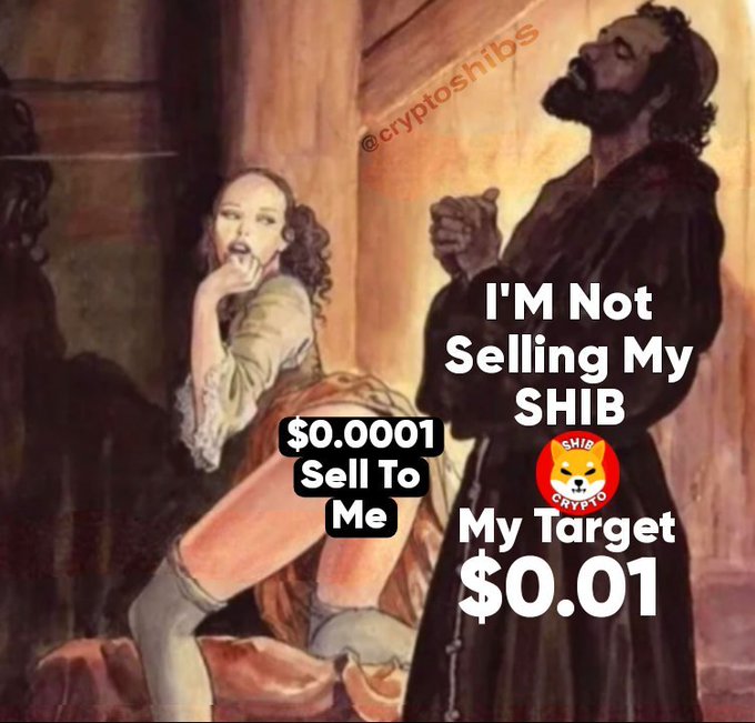 This meme depicts someone resisting selling their SHIB cryptocurrency, with a text overlay reading "I'M Not Selling My SHIB My Target $0.01" and a smaller caption "$0.0001 Sell To Me," directly relating to the post's message of holding onto $SHIB.