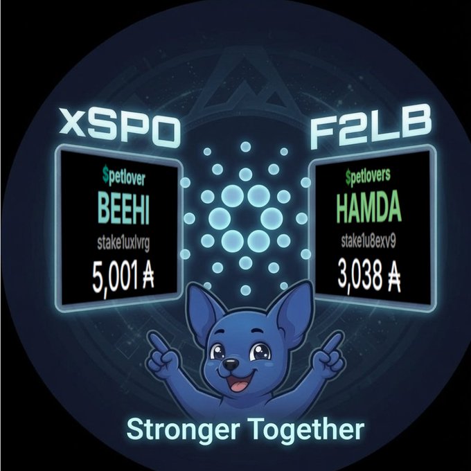 Circular Cardano-themed graphic displaying two stake pool delegations: XSPO (Beehi/pool stake1uxivrg, 5,001 ₳) and F2LB (Hamda/pool stake1u8exv9, 3,038 ₳), with a cartoon blue dog mascot and 'Stronger Together' tagline.