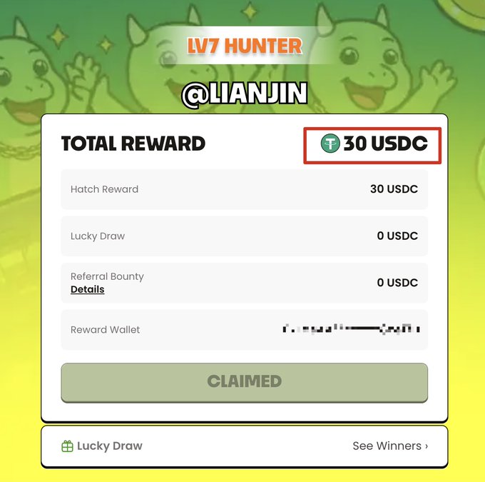 The image shows a screen of an LVM Poker app, displaying information about a recent win for user Li Wanjin. The app provides details such as total reward amount, a total reward draw, and claimed money details. Li Wanjin has won 30 USDC in this game. This information is presented on the screen using icons representing different elements of the poker game, like the pool table or players' faces.