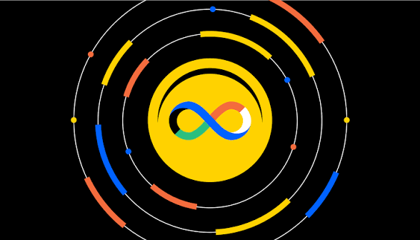 A digital graphic featuring a yellow circle with a multicolored infinity symbol in the center, surrounded by concentric rings with colored segments on a black backdrop.