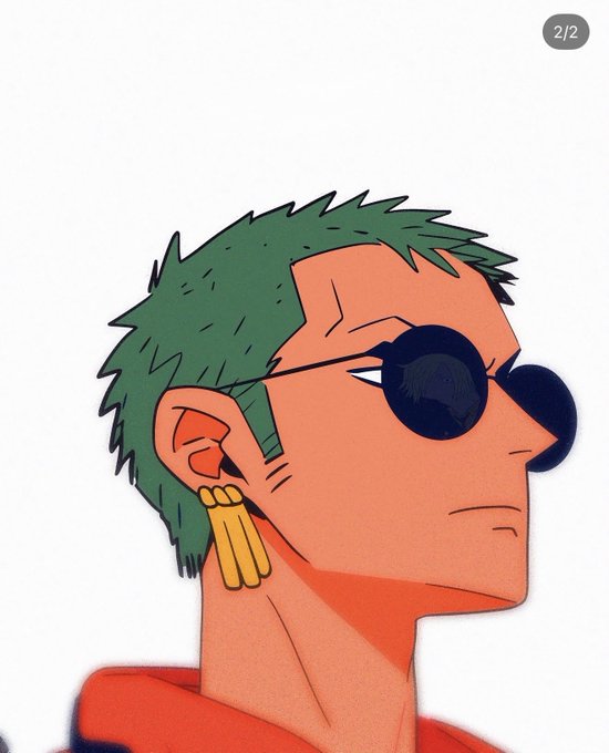 An anime-style illustration shows a side profile of a character with green hair, round black sunglasses, and a gold earring, wearing a red garment.
