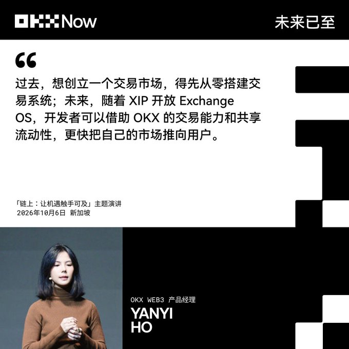 A promotional slide from OKX Now featuring Yanyi Ho, Product Manager of OKX Web3, with Chinese text about the future of trading markets and Exchange OS.