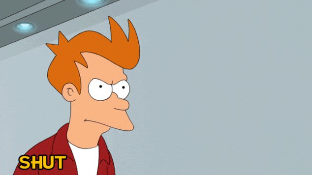 urn of fire on a cartoon character's head, with the word "SHUT" displayed below.